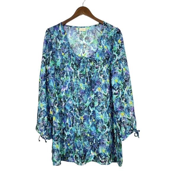 Profile by Gottex | Blue & Green Sheer Long Sleeve Tunic Swim Coverup - Picture 1 of 7